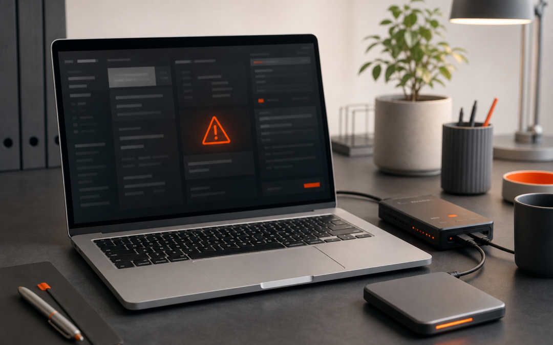 Laptop mit Warnsymbol und externen Speichern bei der Analyse von Schadsoftware