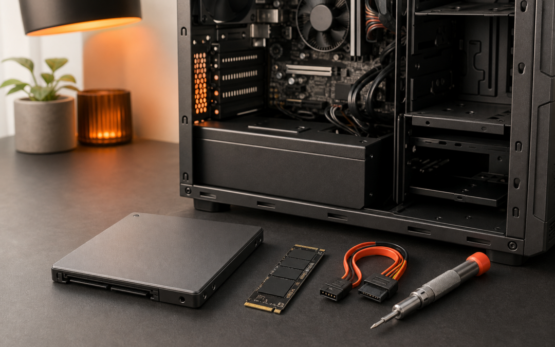 SSD-Laufwerke und Werkzeug vor einem geöffneten Desktop-PC