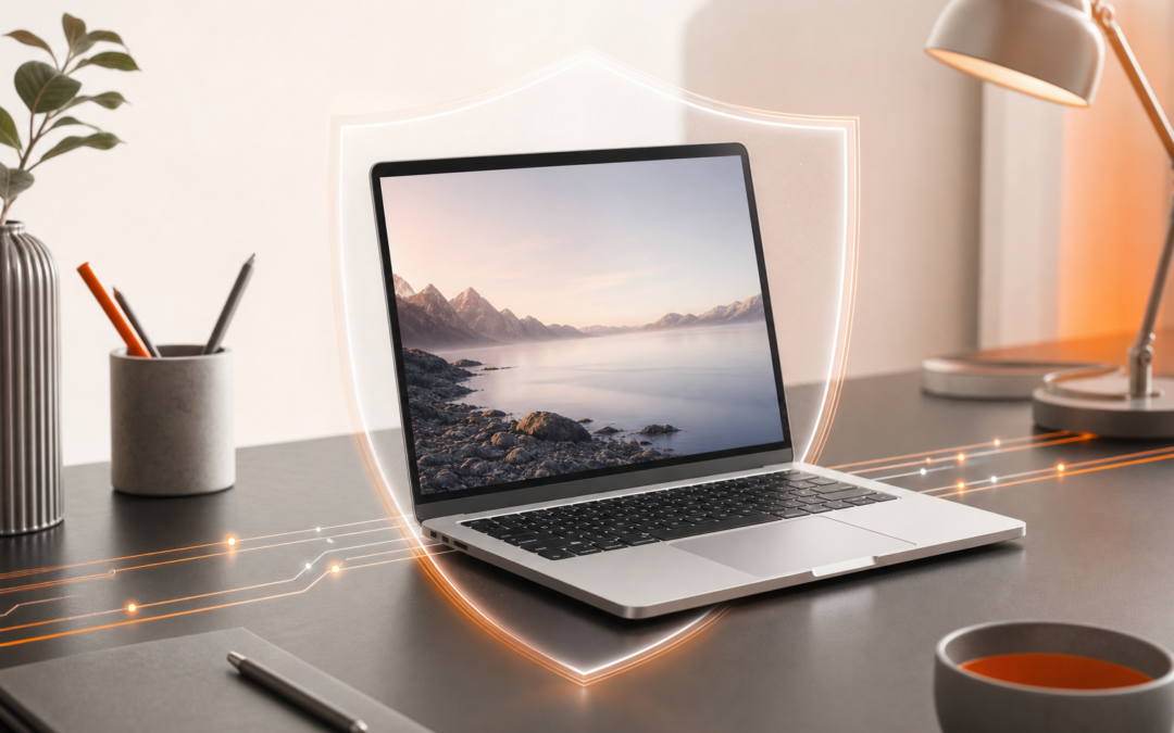 Laptop mit abstraktem Schutzschild als Symbol für Virenschutz auf dem Mac